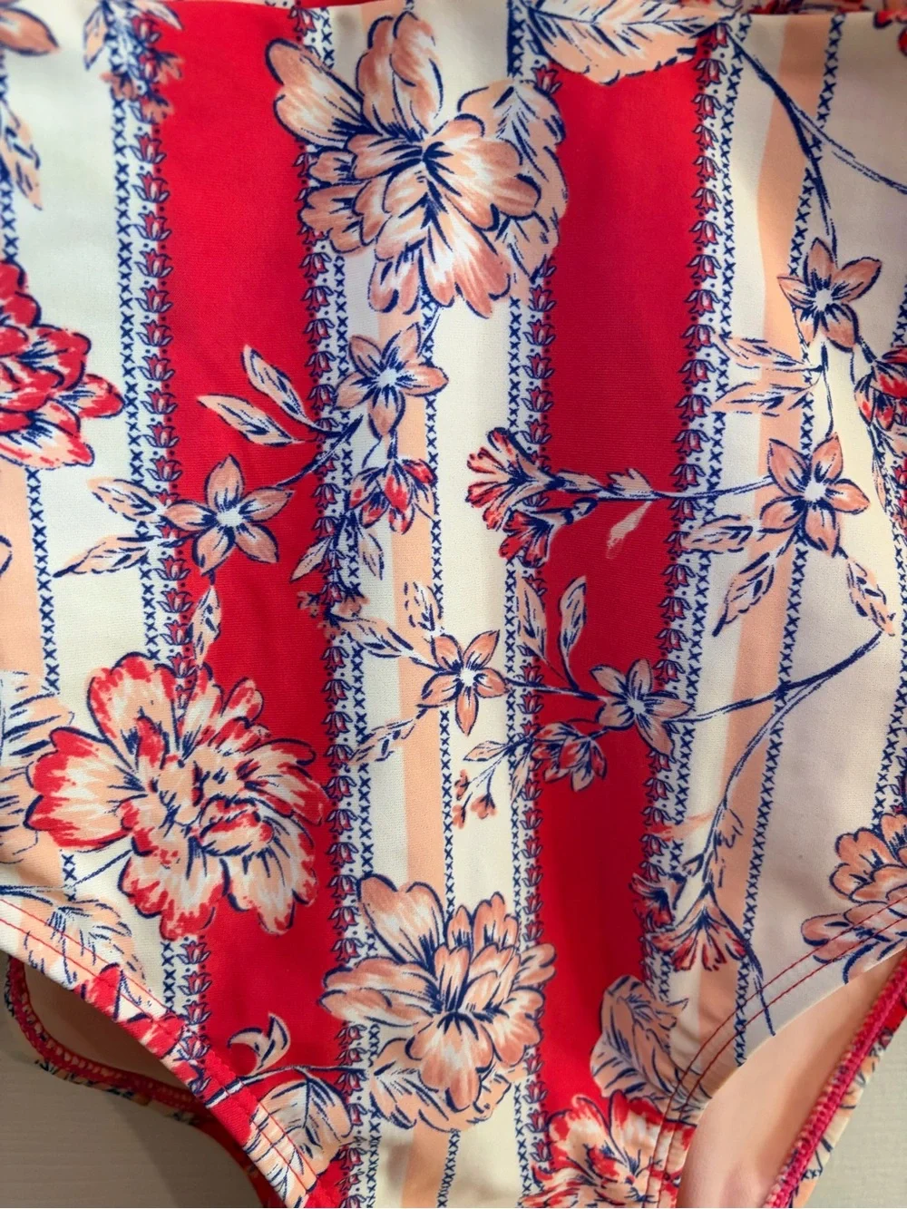 Vintage Kate Spade One Piece Red, Peach, & White Stripes with Floral Motif - L